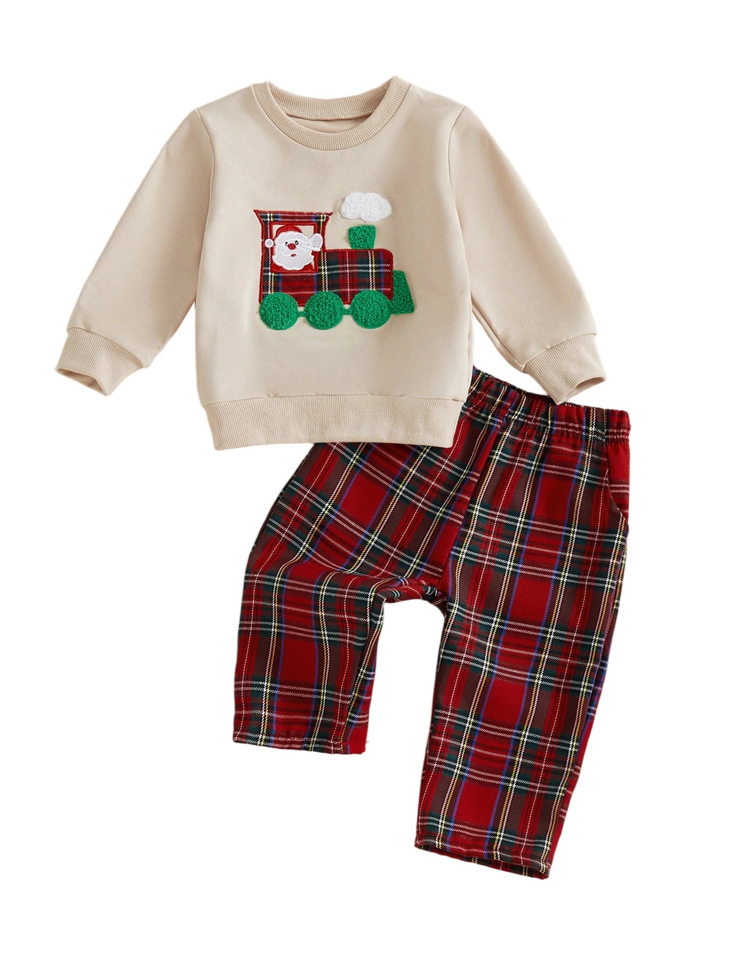 Children s Christmas Outfit Festive Santa Claus Hoodie with Embroidered Sleeves and Matching Plaid Pants Set