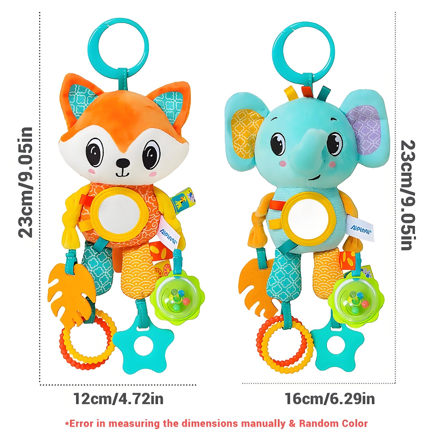 Crinkle Squeaky Plush Animal Toy | Multi-Sensory Hanging Activity with Teether | for Stroller Crib & Car Seat Development
