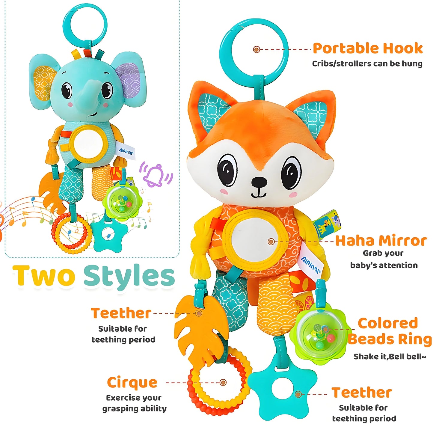 Crinkle Squeaky Plush Animal Toy | Multi-Sensory Hanging Activity with Teether | for Stroller Crib & Car Seat Development