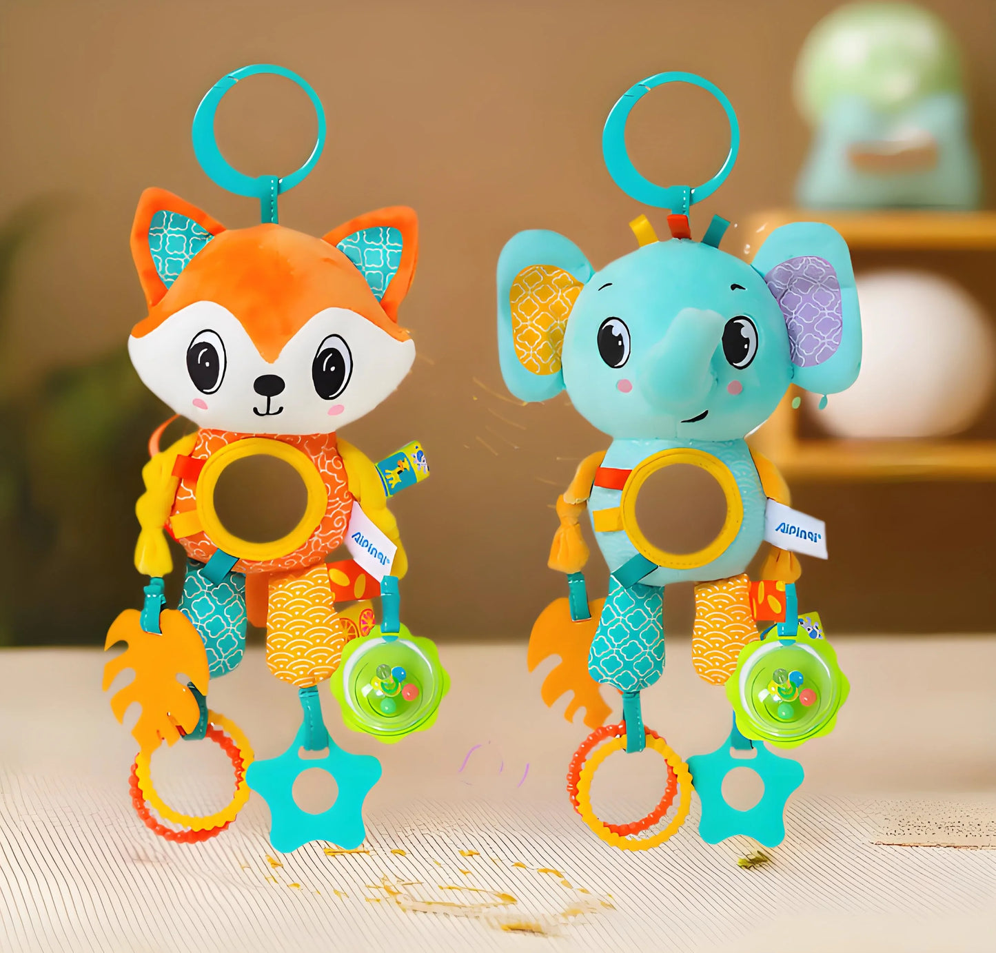Crinkle Squeaky Plush Animal Toy | Multi-Sensory Hanging Activity with Teether | for Stroller Crib & Car Seat Development