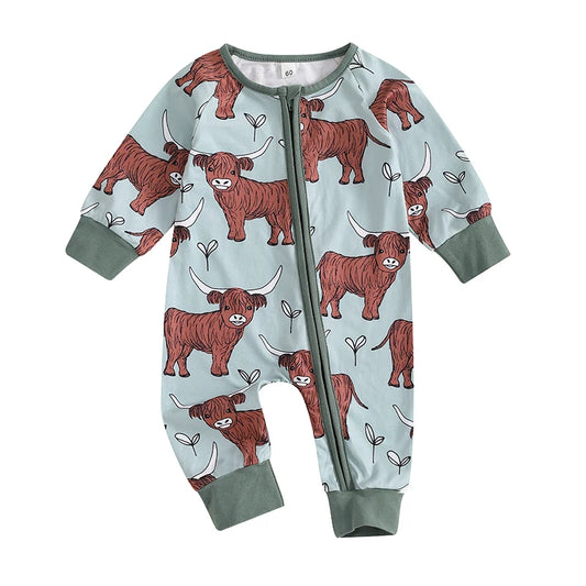 Infant Toddler Cow Print Round Neck Long Sleeve Zip-Up Western Romper Jumpsuit for Autumn - Unisex Baby Full Length Outfit