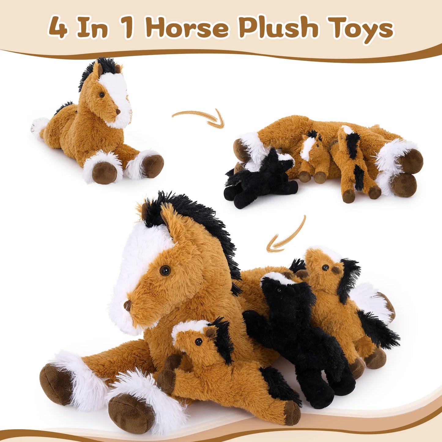 MaoGoLan 4 Pcs Horse Plush Stuffed Animal,Large Stuffed Mommy Horse with Babies Pony Toys Plushies, Pony Stuffed Animal Bulk