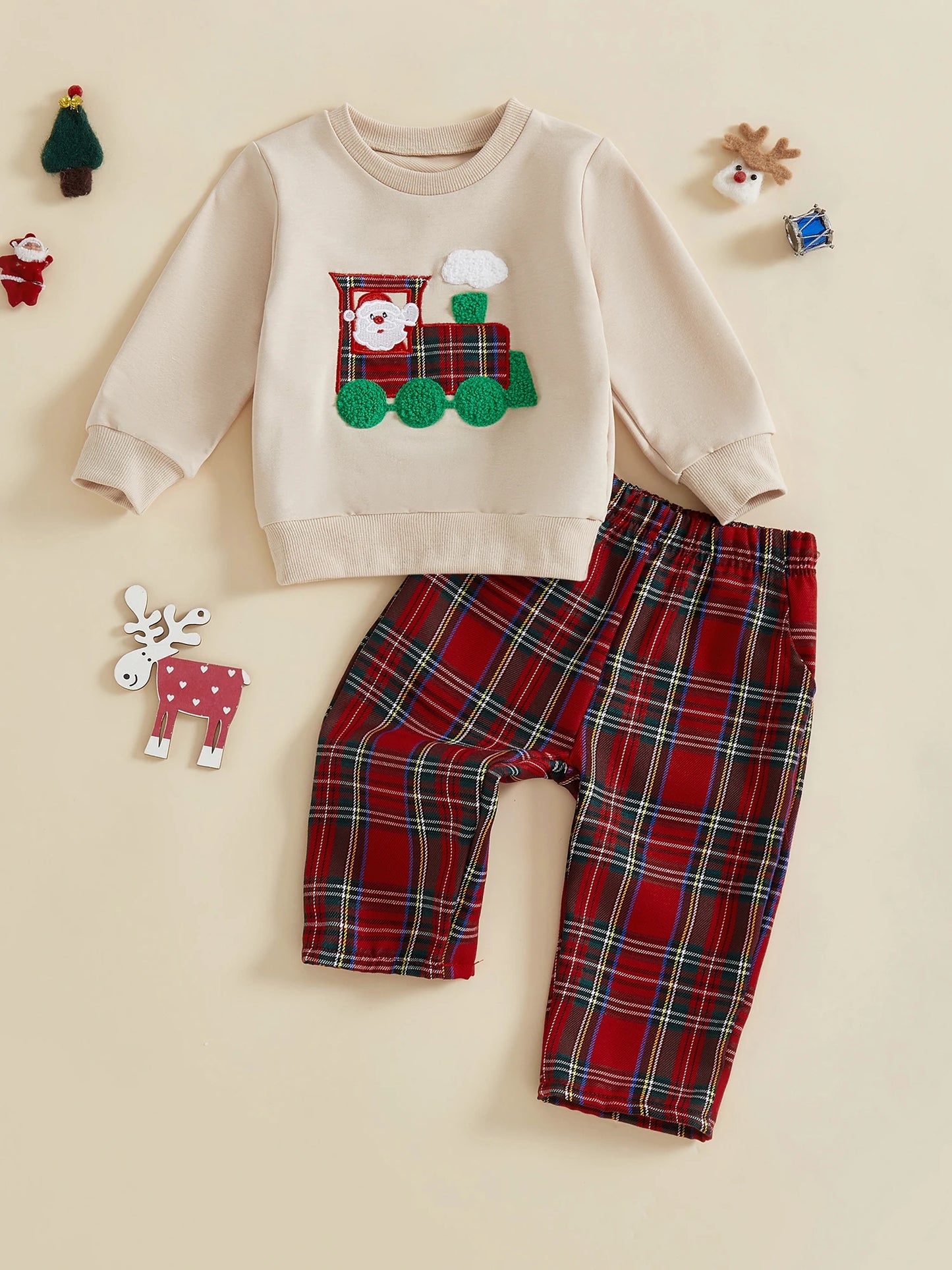 Children s Christmas Outfit Festive Santa Claus Hoodie with Embroidered Sleeves and Matching Plaid Pants Set