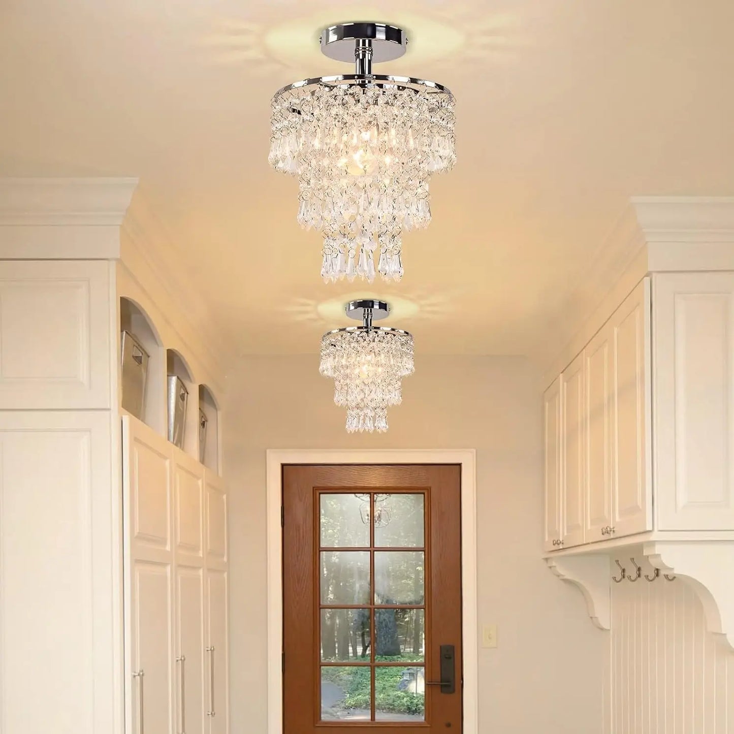 FRIXCHUR Small Crystal Chandelier Led Crystal Ceiling Lights 3 Tiers Crystal Raindrops Chandelier Pendant Lighting Fixture Decor