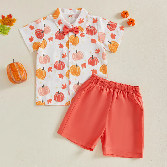 Baby Boys Thanksgiving Outfit Set Turkey and Pumpkin Print Long Sleeve Lapel Shirt Solid Shorts 2 Piece Clothes Set