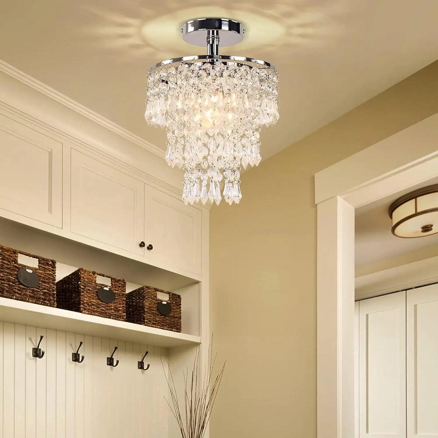 FRIXCHUR Small Crystal Chandelier Led Crystal Ceiling Lights 3 Tiers Crystal Raindrops Chandelier Pendant Lighting Fixture Decor