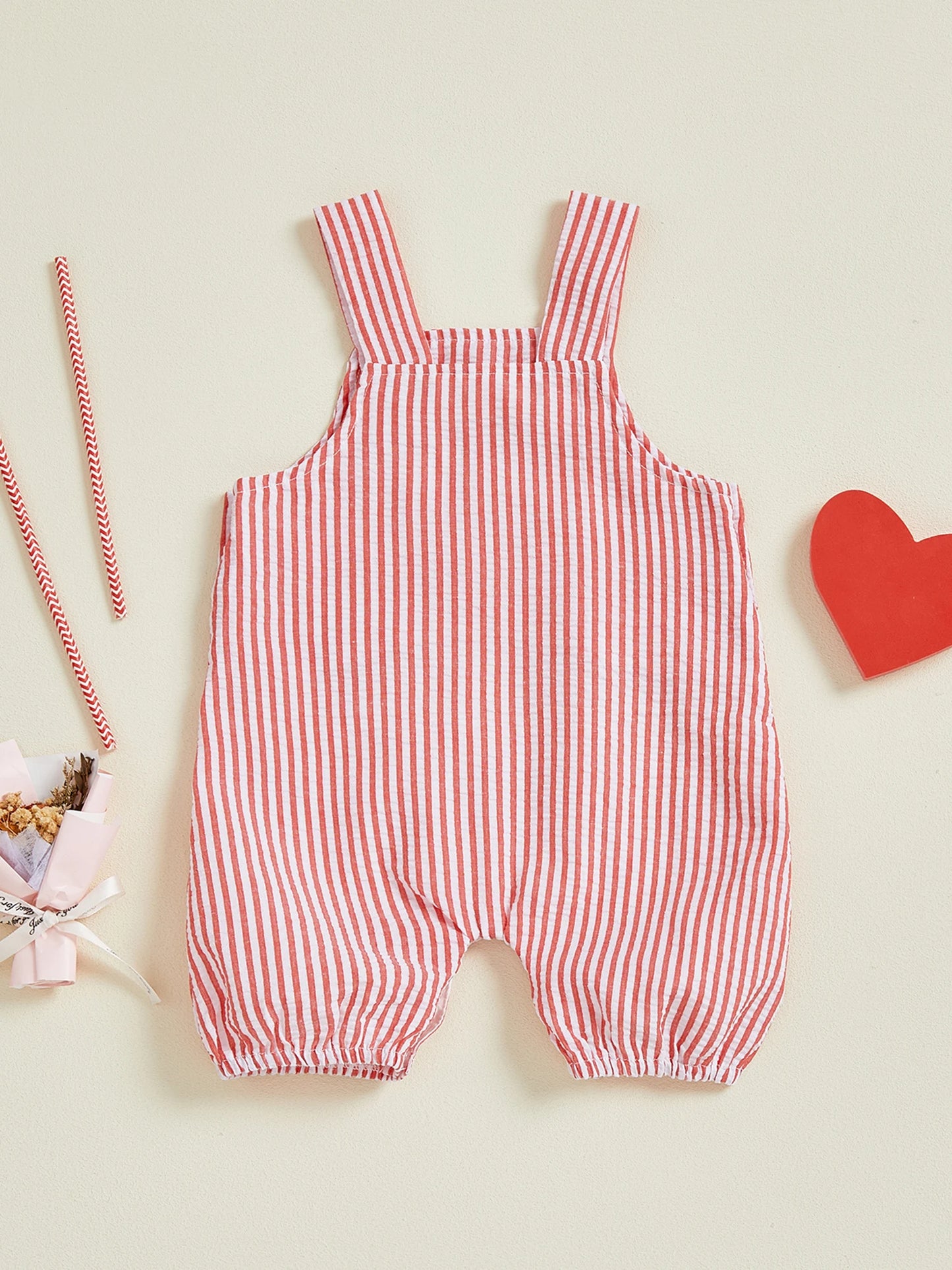 Baby Valentine s Day Striped Overalls with Red Heart Embroidery Infant Bodysuit Newborn Sleeveless Jumpsuit