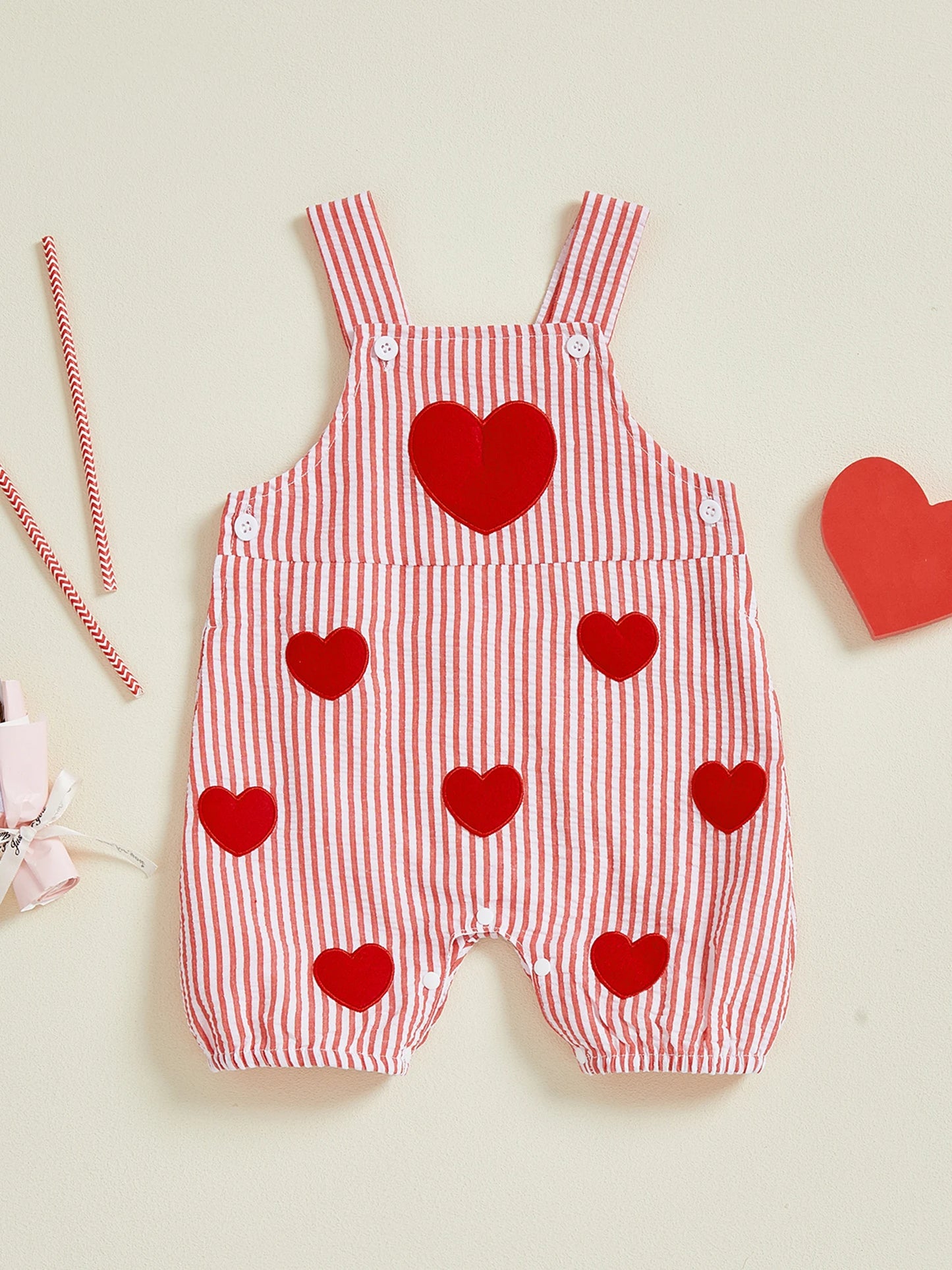 Baby Valentine s Day Striped Overalls with Red Heart Embroidery Infant Bodysuit Newborn Sleeveless Jumpsuit