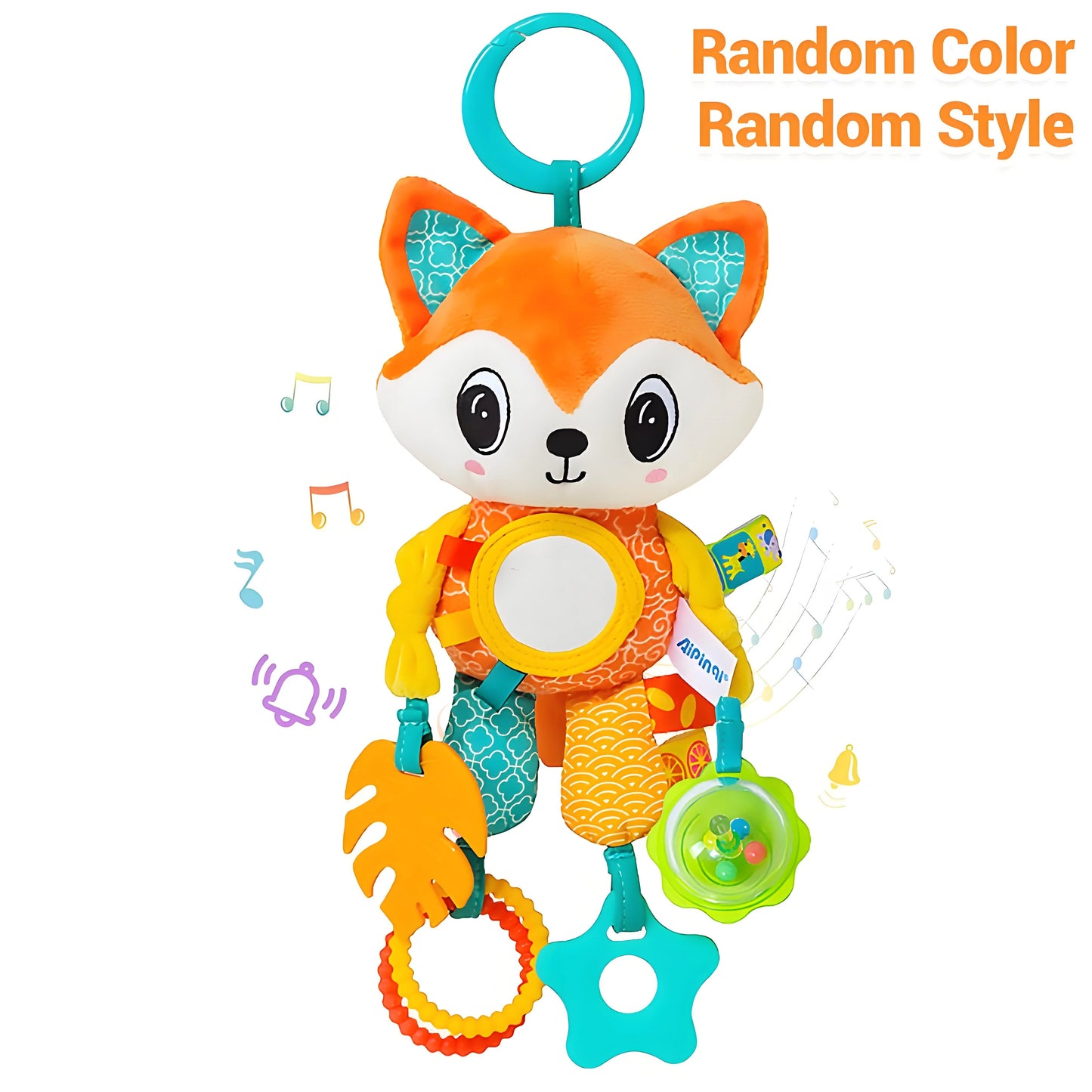 Crinkle Squeaky Plush Animal Toy | Multi-Sensory Hanging Activity with Teether | for Stroller Crib & Car Seat Development