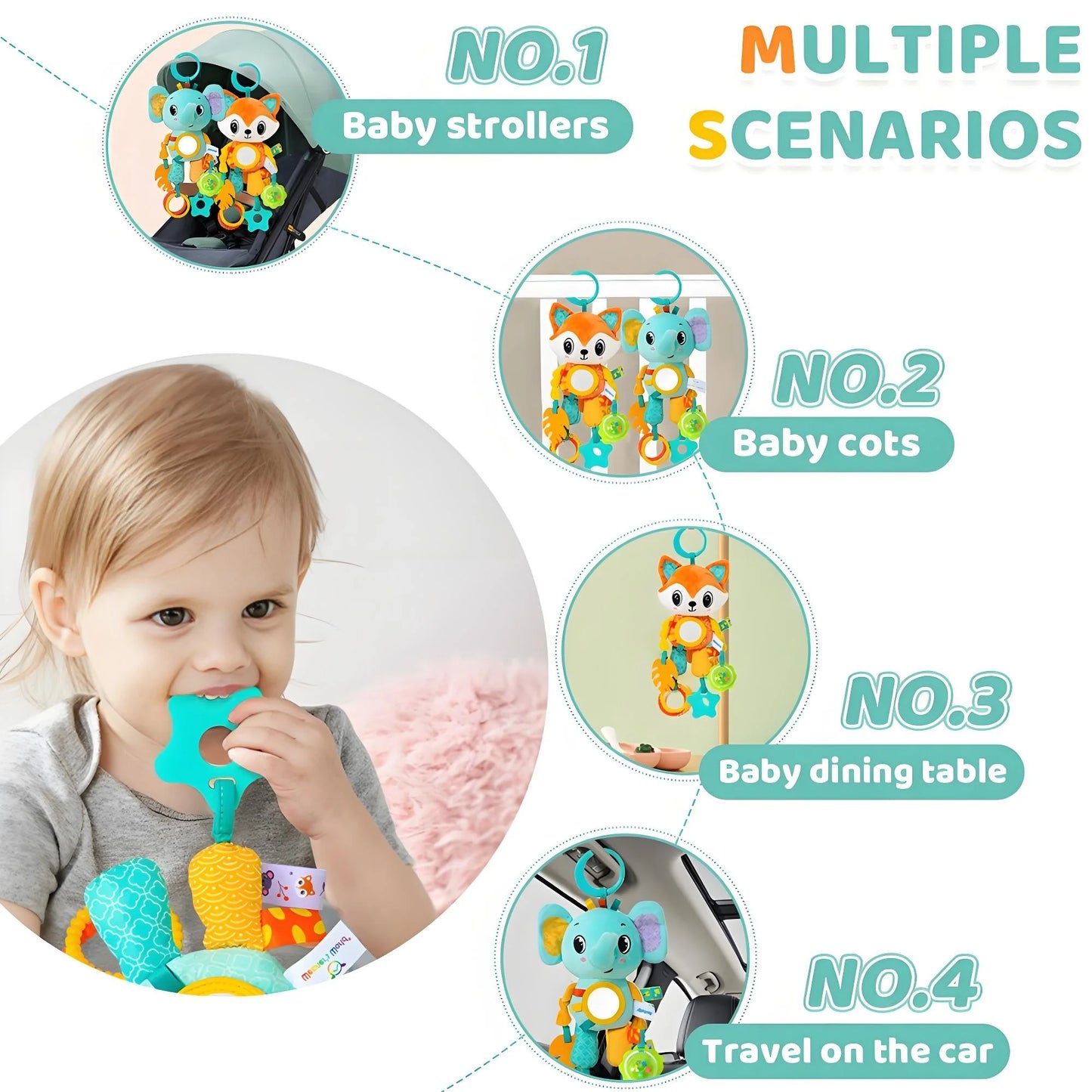 Crinkle Squeaky Plush Animal Toy | Multi-Sensory Hanging Activity with Teether | for Stroller Crib & Car Seat Development