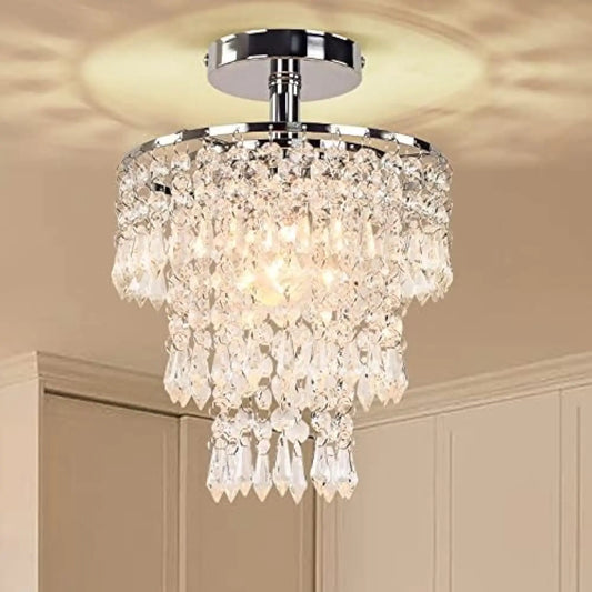 FRIXCHUR Small Crystal Chandelier Led Crystal Ceiling Lights 3 Tiers Crystal Raindrops Chandelier Pendant Lighting Fixture Decor